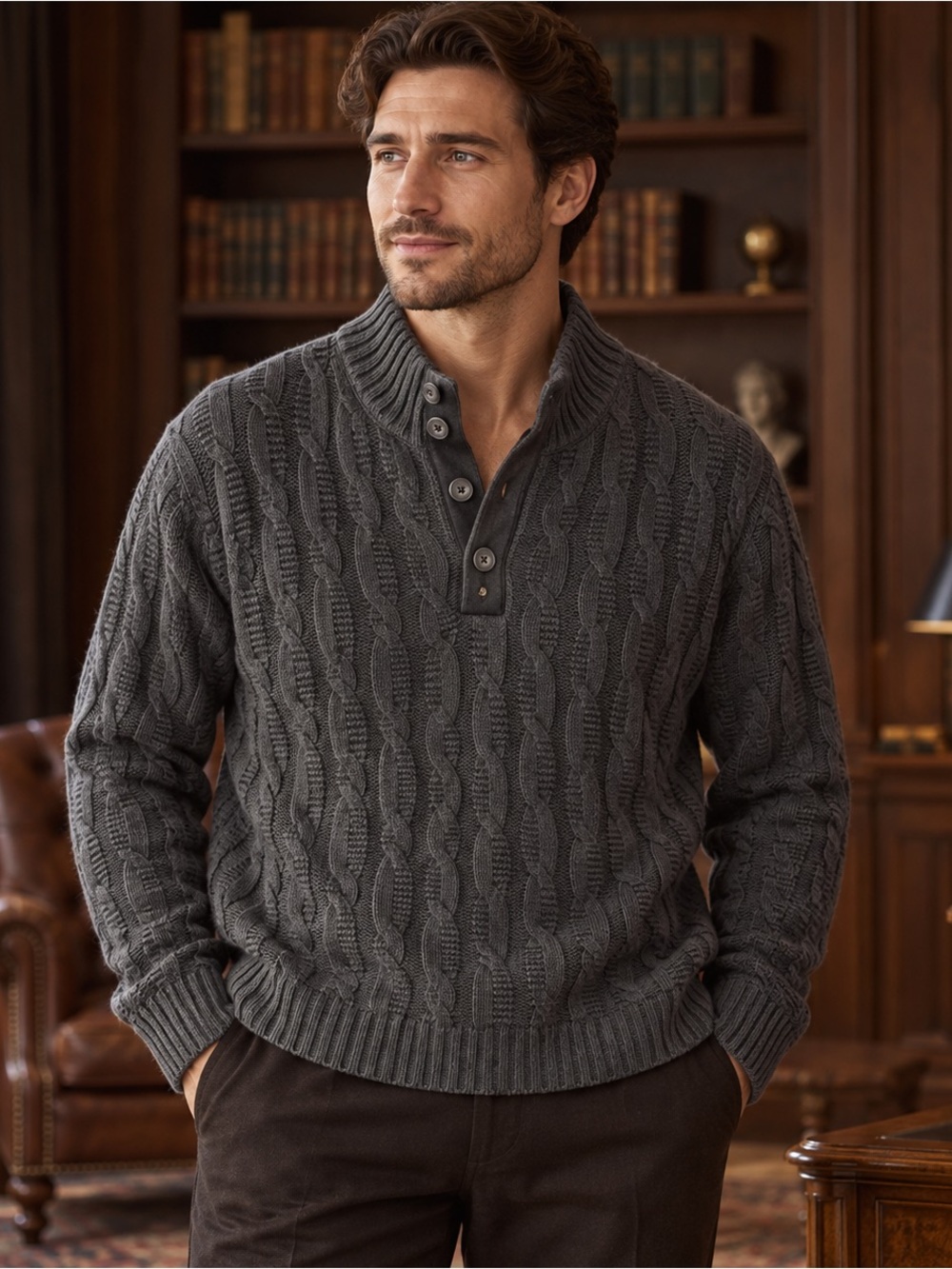 Paoletti Firenze Men’s XL Charcoal Wool Blend Cable Knit Henley Sweater Preppy